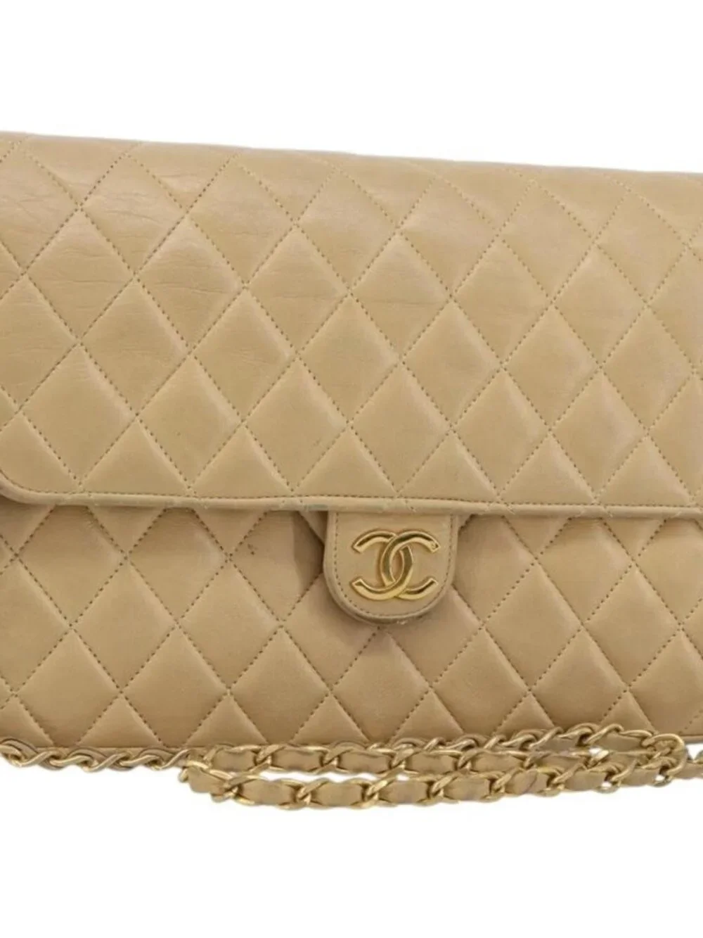 CHANEL Matelasse 25 Chain Shoulder Bag Lamb Skin Beige Gold CC Auth 182740